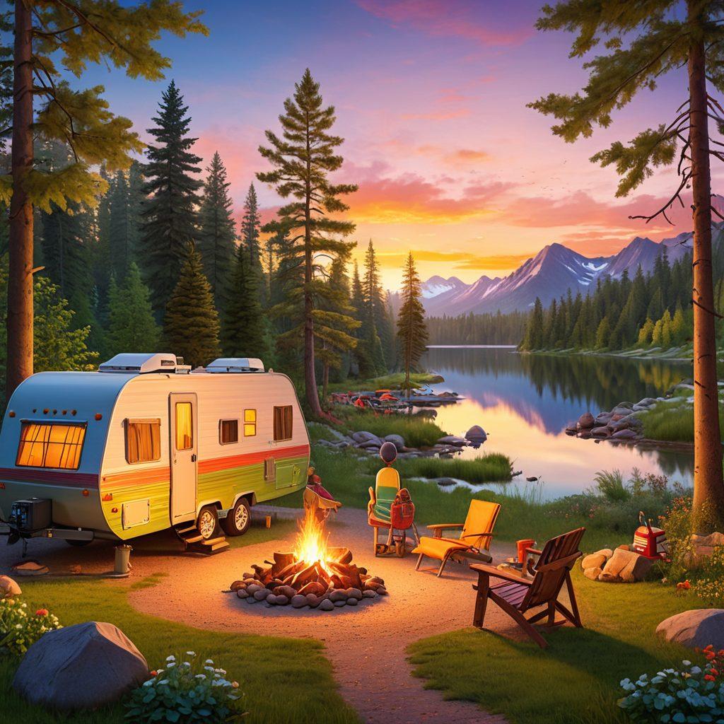 A colorful and inviting illustration depicting a family loading their RV with camping gear in a scenic campground, surrounded by lush trees and a sparkling lake. In the background, a winding road leads off into the sunset, inviting adventure. Add elements like a campfire with marshmallows roasting and tents pitched nearby, embodying the spirit of exploration. vibrant colors. 3D. whimsical style.