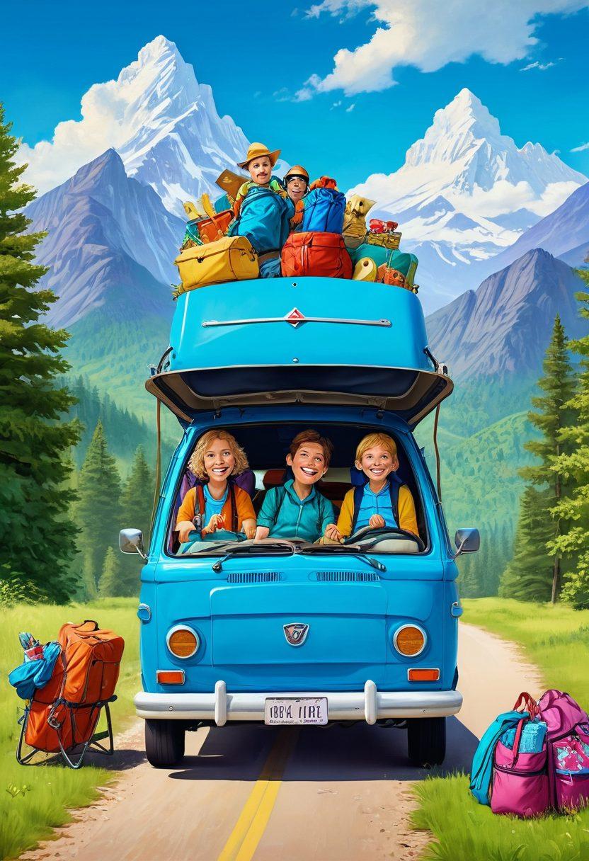 A joyful family of four embarking on a scenic road trip, surrounded by majestic mountains and lush greenery. The car brims with colorful camping gear and snacks, suggesting adventure. Bright smiles and laughter capture the essence of unforgettable experiences. The sky is a brilliant blue, reflecting the theme of exploration. whimsical illustration. vibrant colors. 3D.