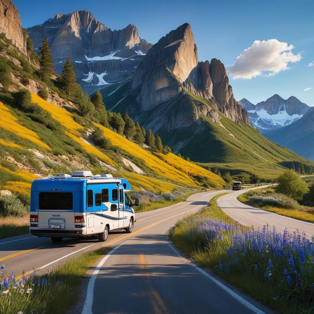 A scenic open road stretching through picturesque landscapes, featuring a vibrant RV parked along a winding route. Majestic mountains in the background, bright blue skies, and wildflowers lining the roadside create an inviting atmosphere. Include a couple exploring nearby nature with a map and backpacks. Warm, inviting colors that evoke adventure and freedom. super-realistic. vibrant colors.